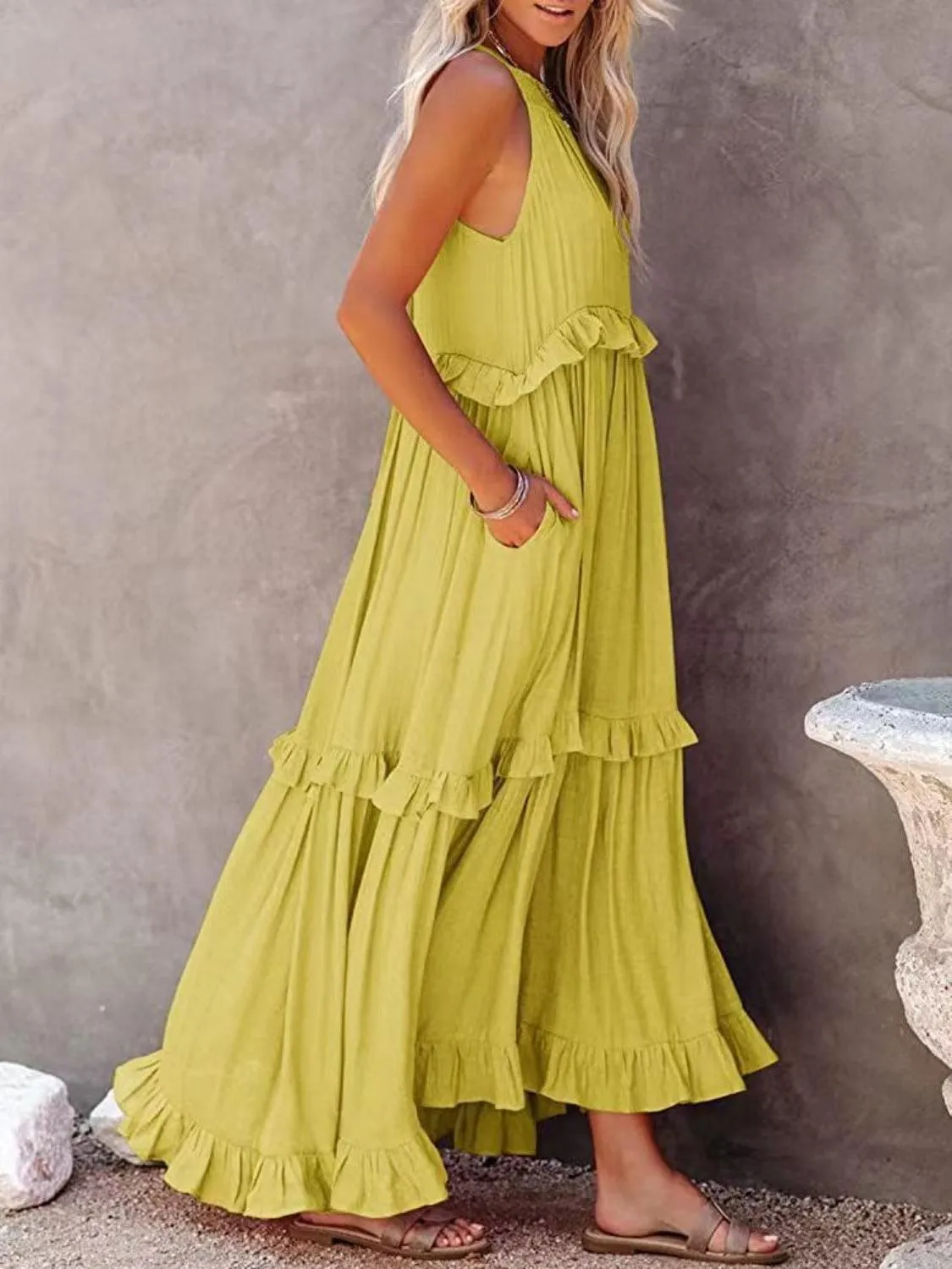 Ruffled Sleeveless Maxi Dress with Pockets