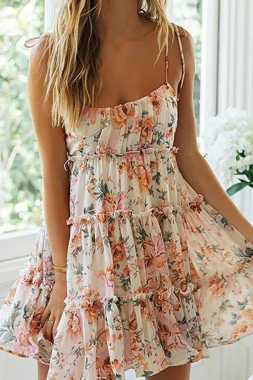 Ruffles Floral Print Slip Mini Dress