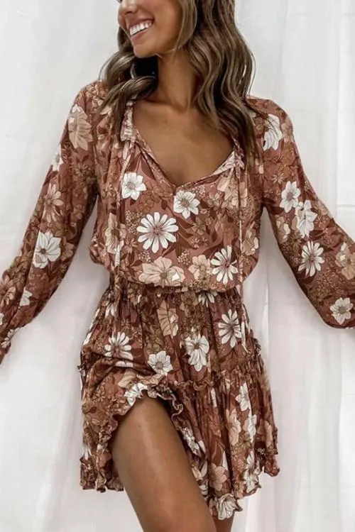 Ruffles Flroal Print Long Sleeve Mini Dress