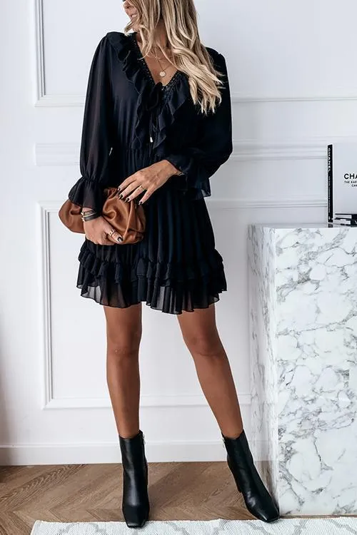 Ruffles V Neck Long Sleeve Mini Dress