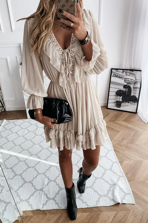 Ruffles V Neck Long Sleeve Mini Dress