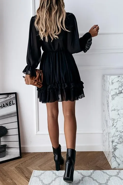 Ruffles V Neck Long Sleeve Mini Dress