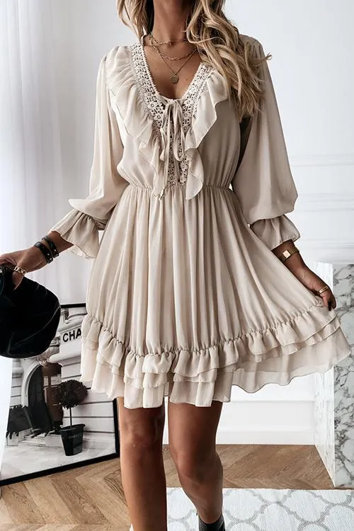 Ruffles V Neck Long Sleeve Mini Dress