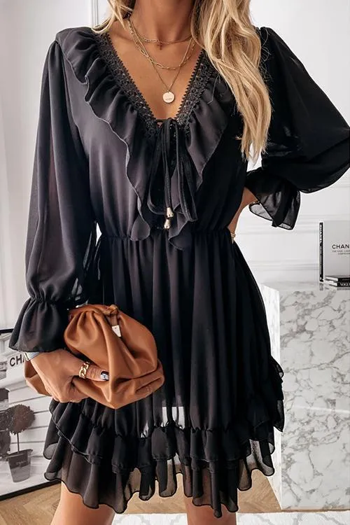 Ruffles V Neck Long Sleeve Mini Dress