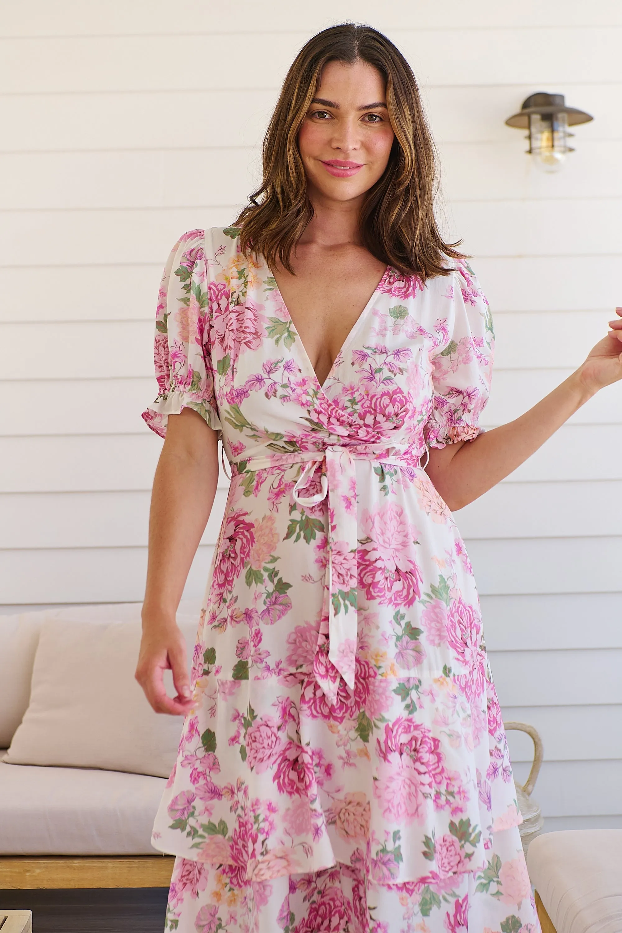 Sadie White/Pink Floral Print Maxi Dress