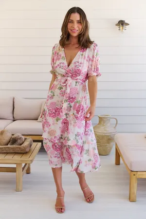 Sadie White/Pink Floral Print Maxi Dress