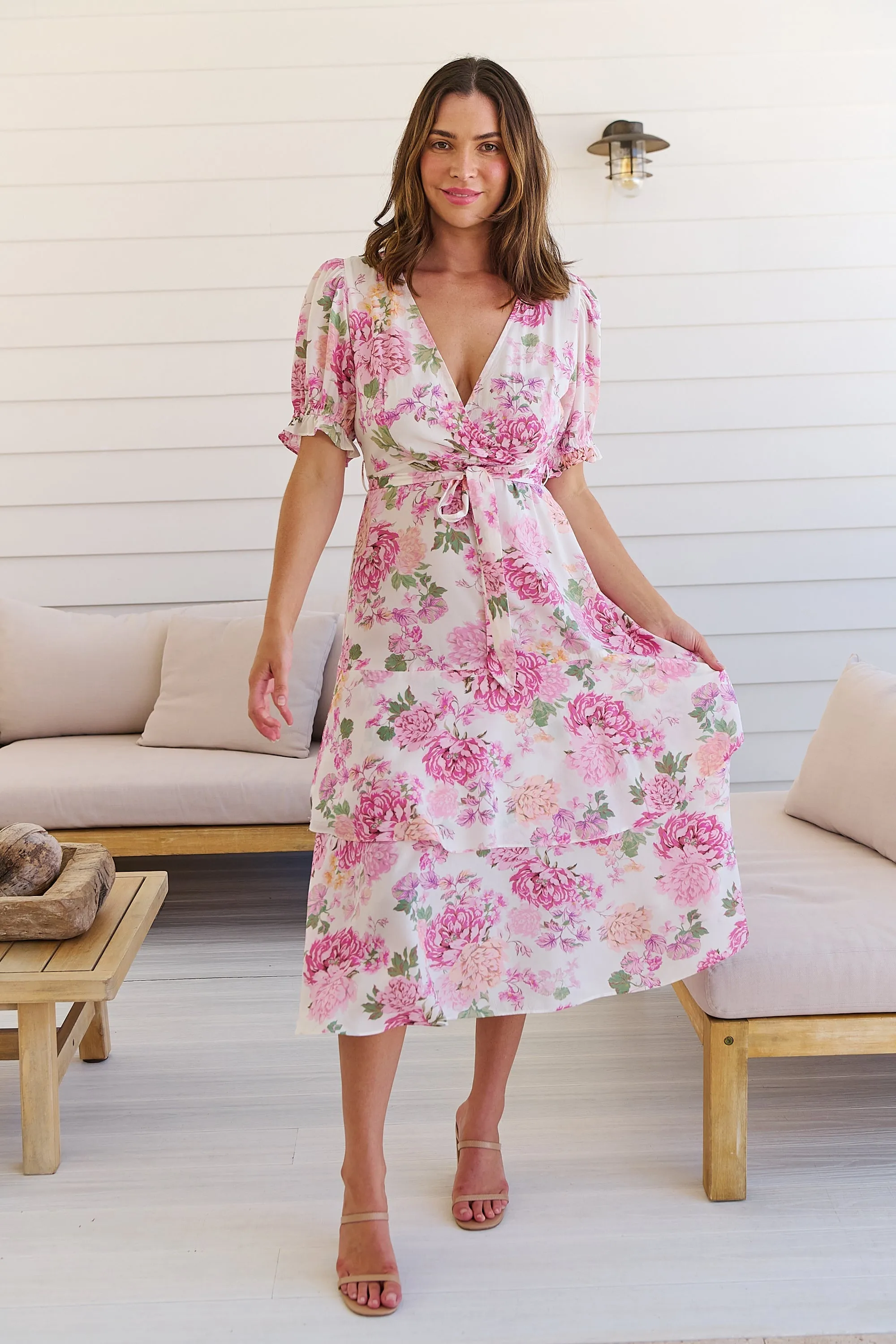 Sadie White/Pink Floral Print Maxi Dress