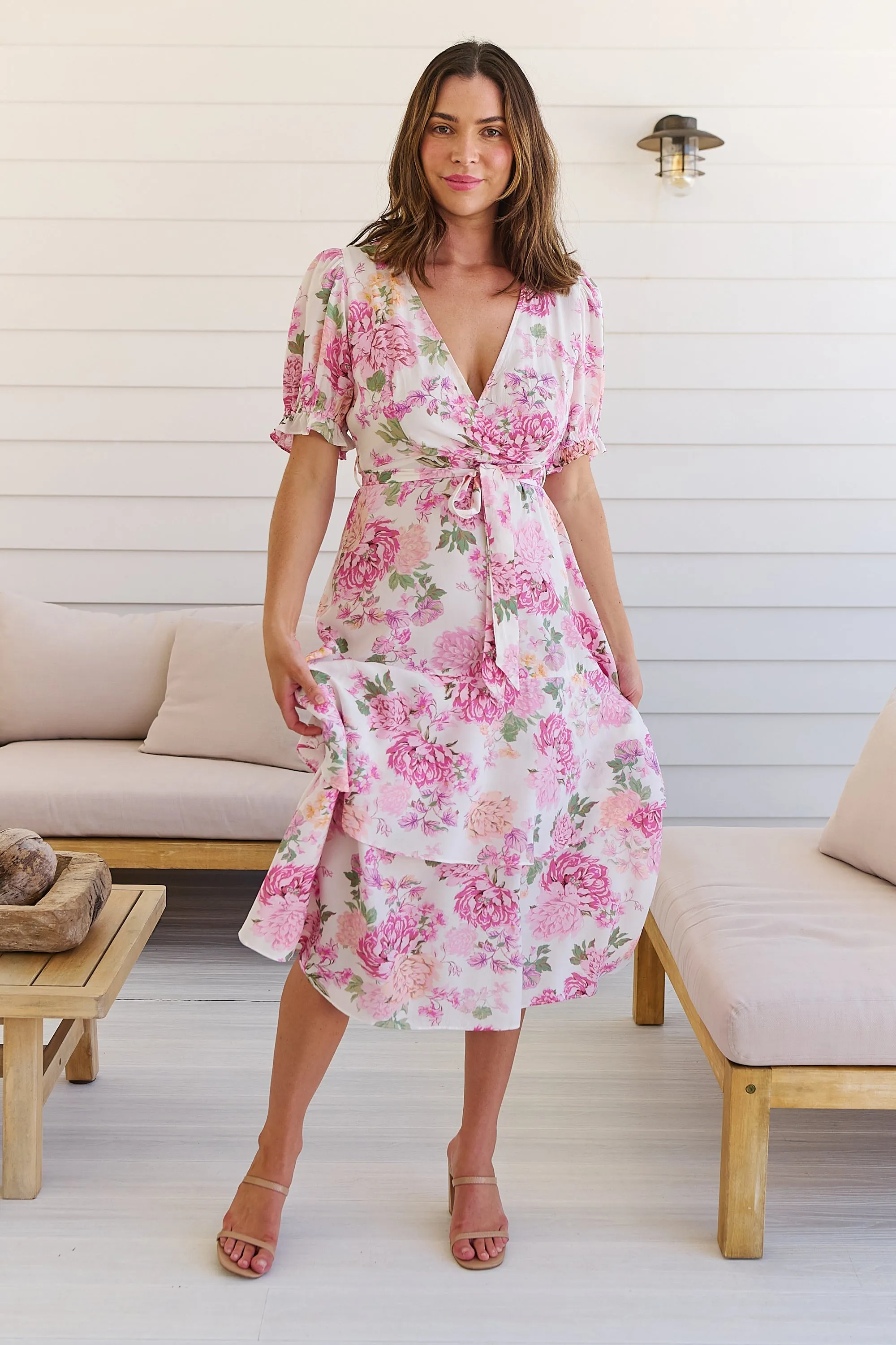 Sadie White/Pink Floral Print Maxi Dress