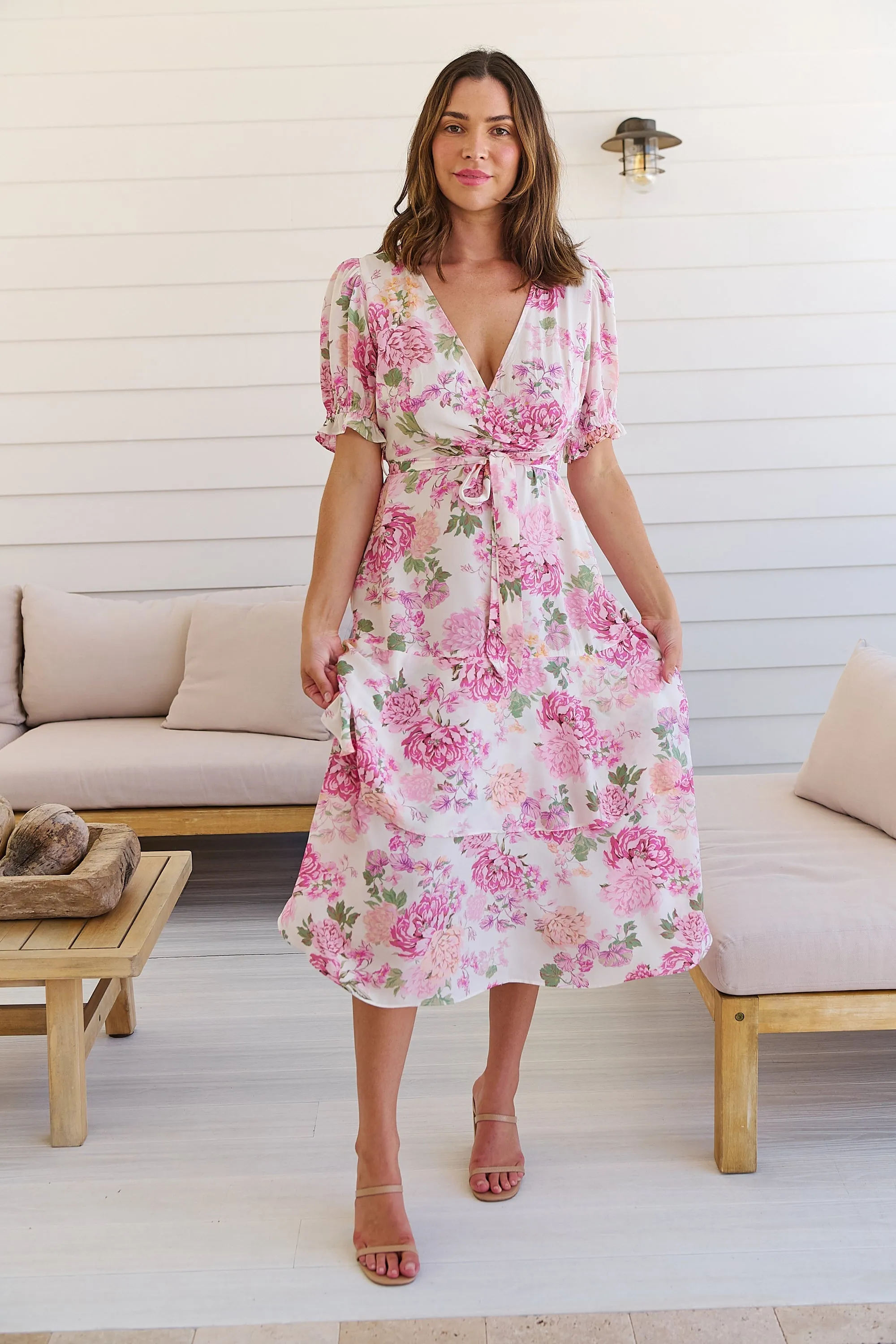 Sadie White/Pink Floral Print Maxi Dress