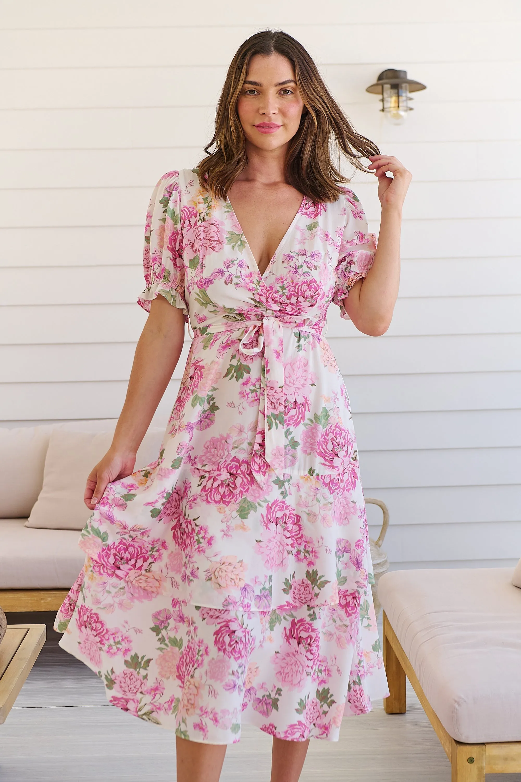 Sadie White/Pink Floral Print Maxi Dress