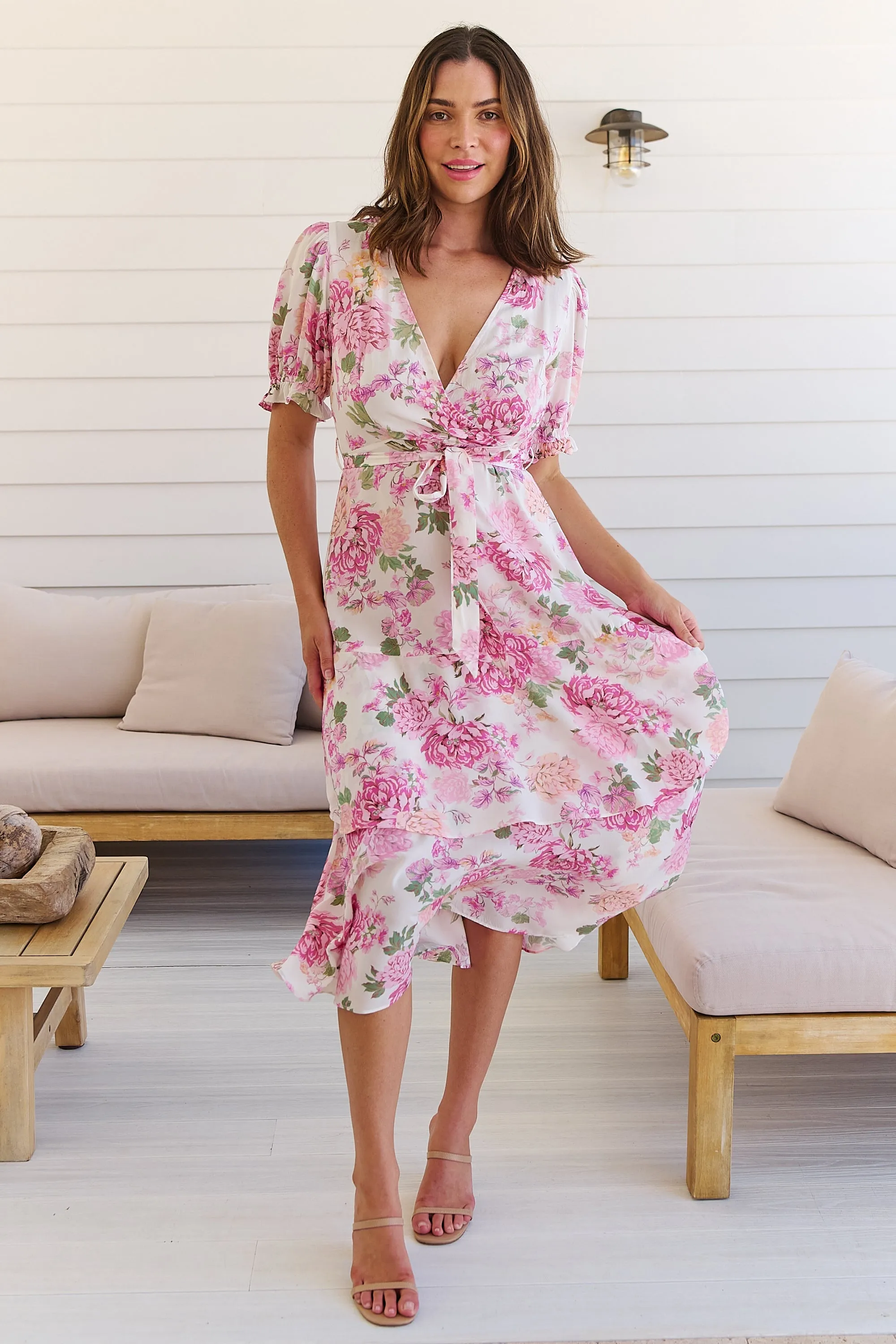 Sadie White/Pink Floral Print Maxi Dress