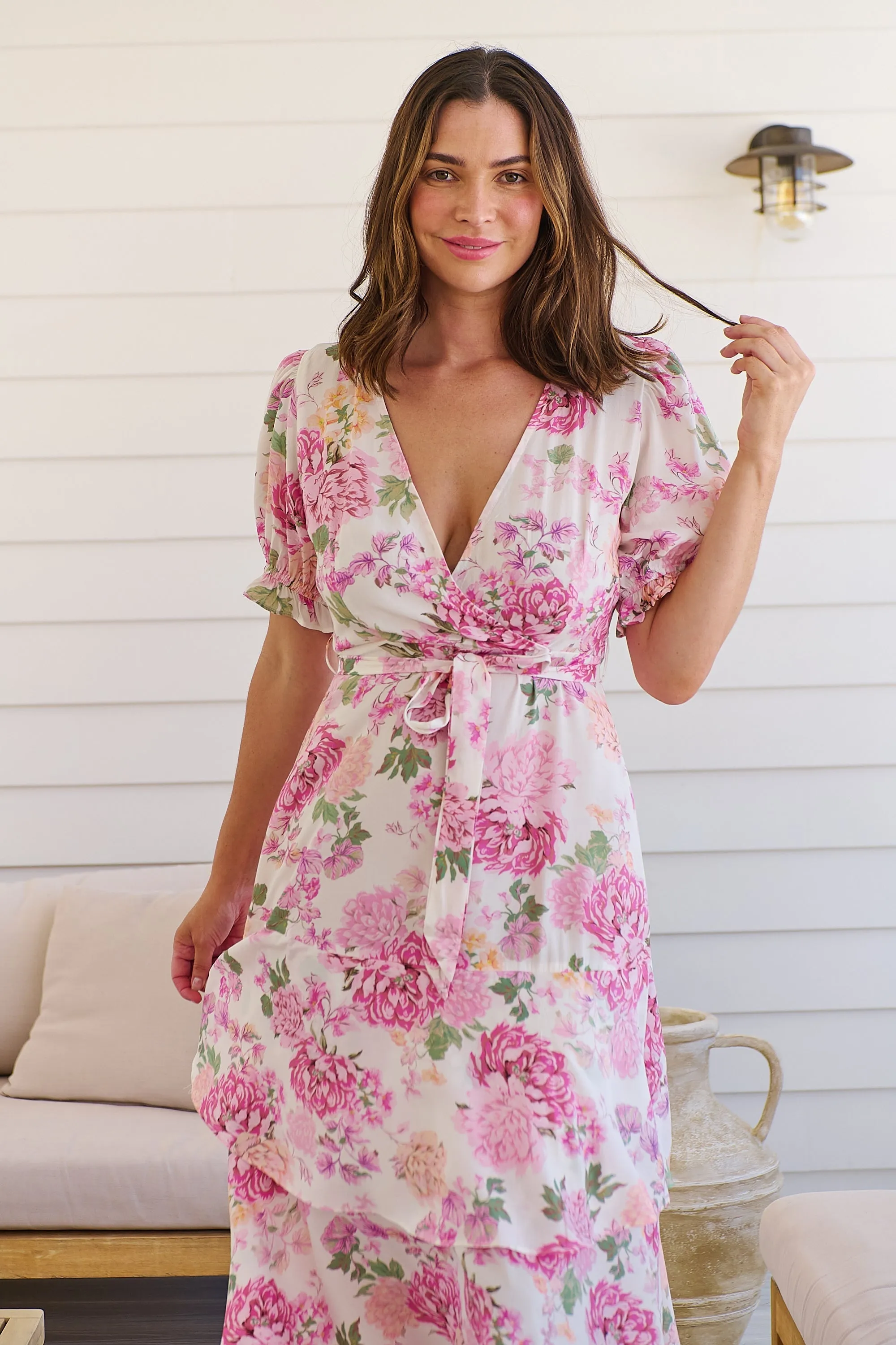 Sadie White/Pink Floral Print Maxi Dress