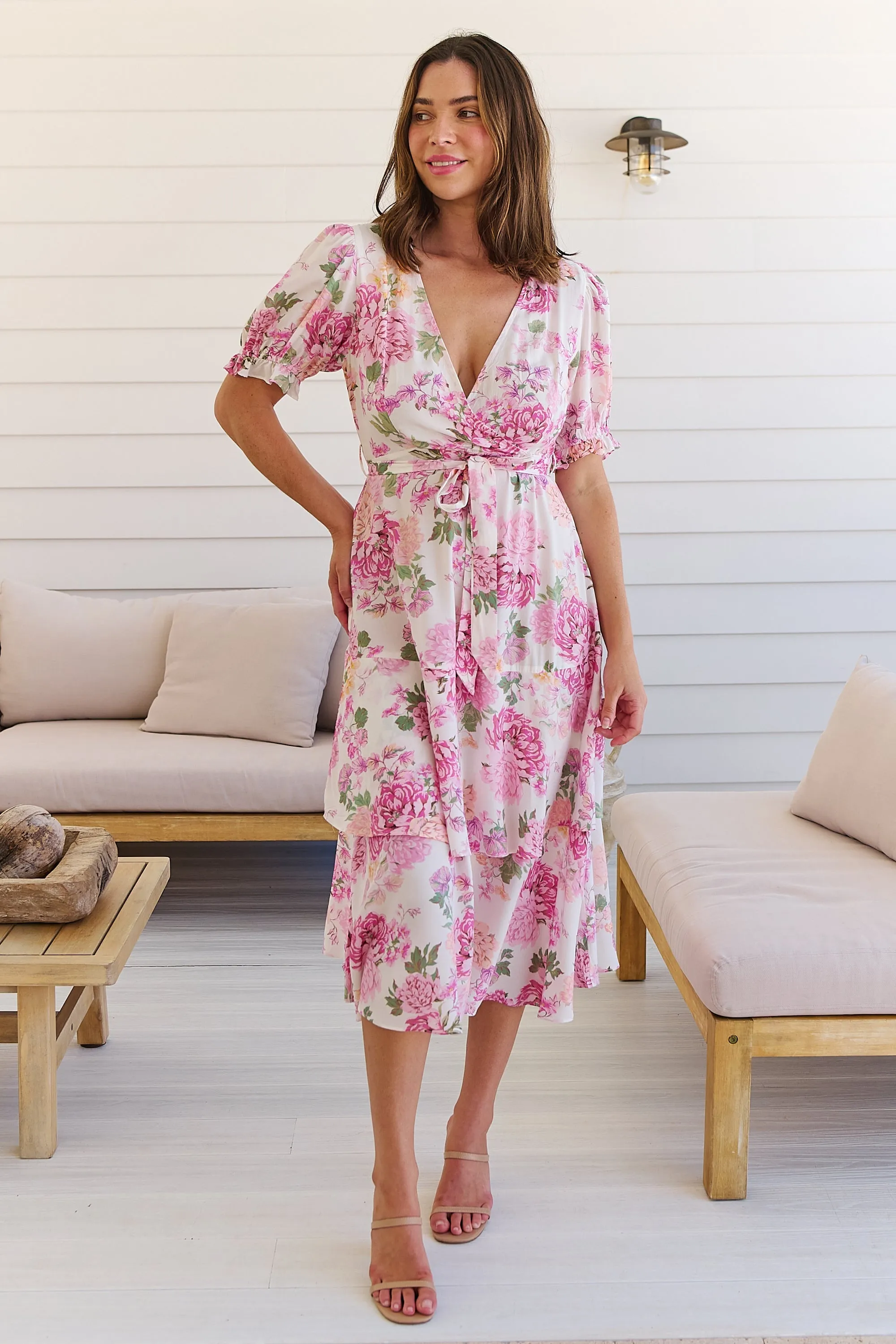 Sadie White/Pink Floral Print Maxi Dress