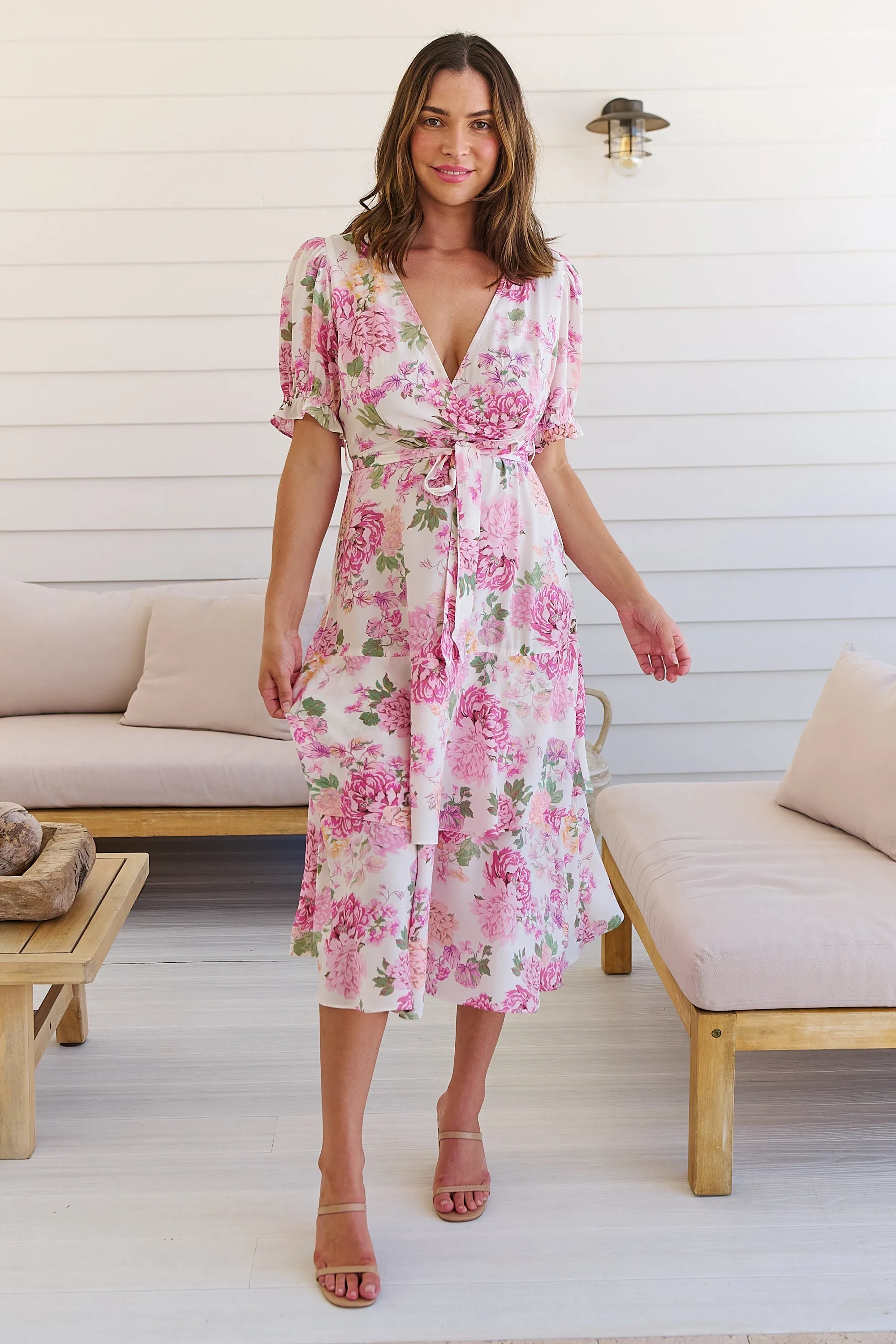 Sadie White/Pink Floral Print Maxi Dress