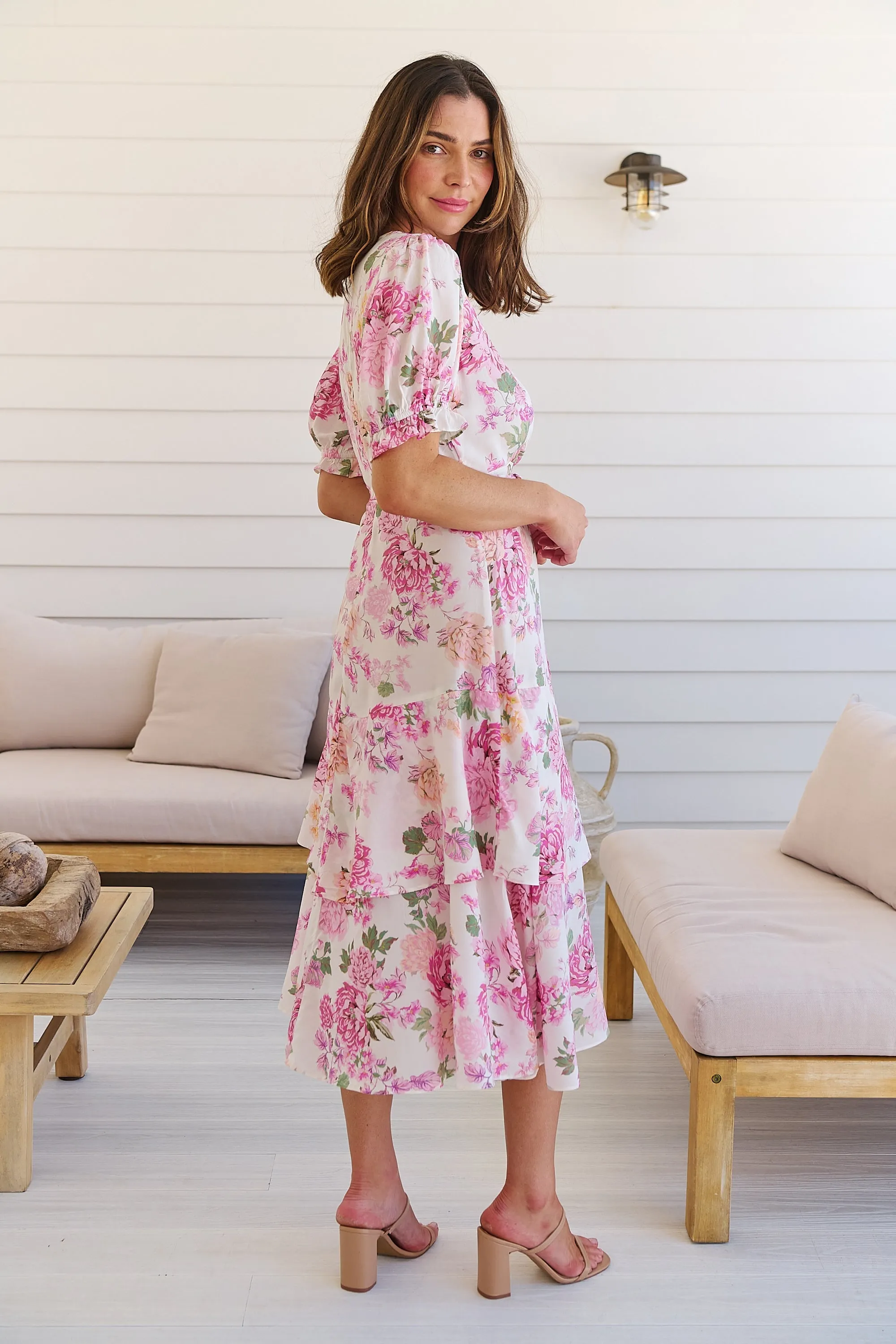 Sadie White/Pink Floral Print Maxi Dress