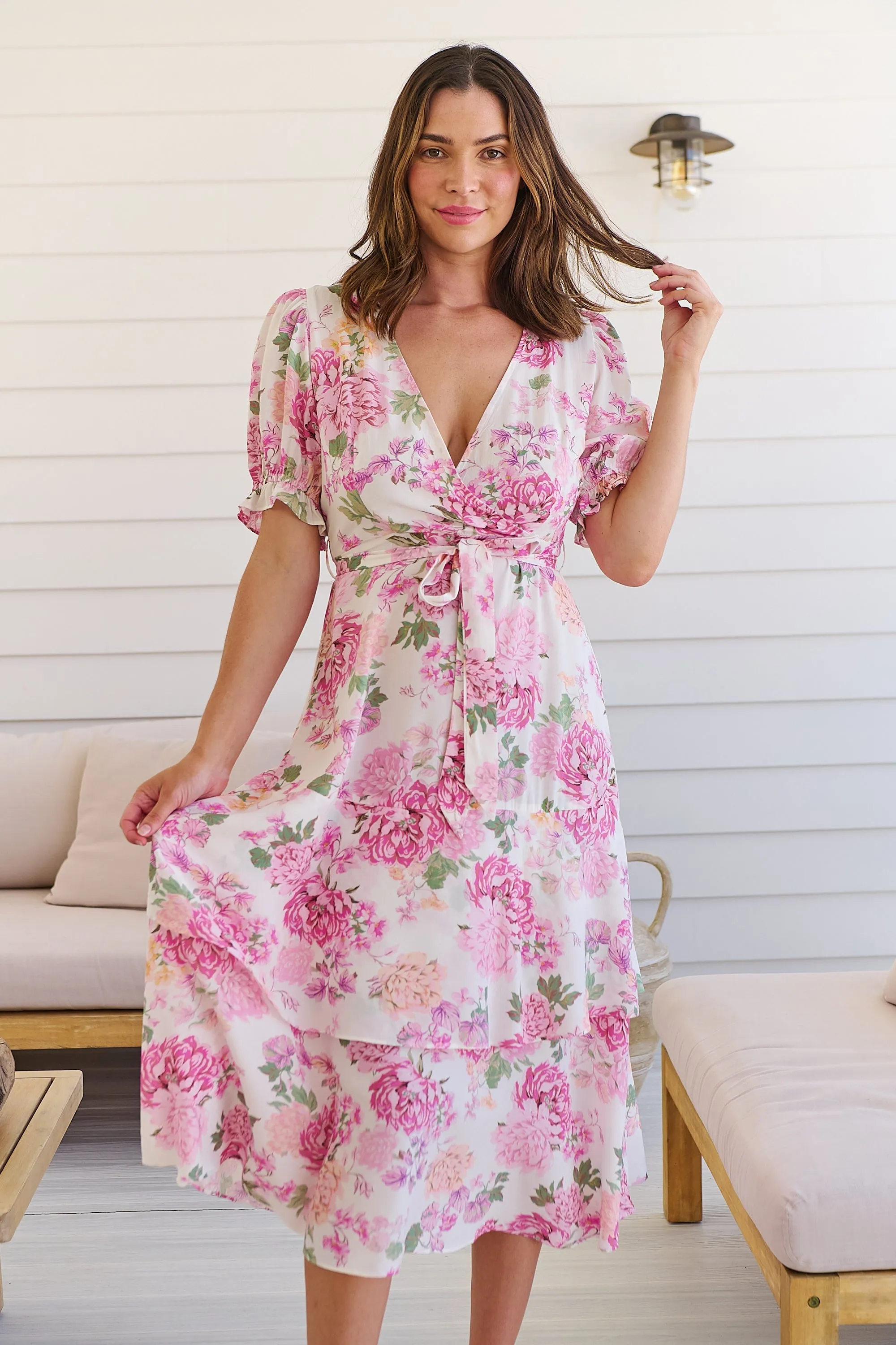 Sadie White/Pink Floral Print Maxi Dress