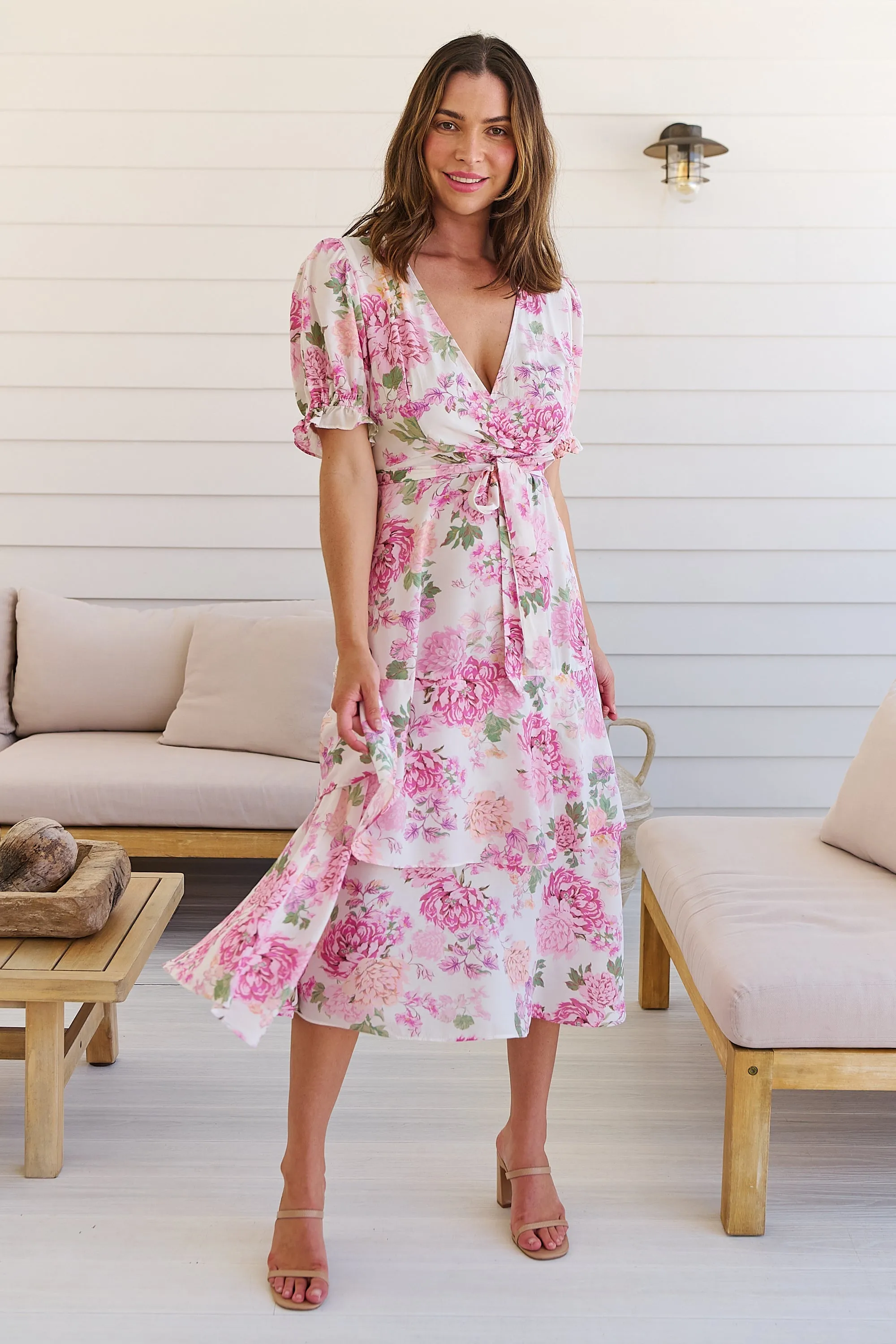 Sadie White/Pink Floral Print Maxi Dress