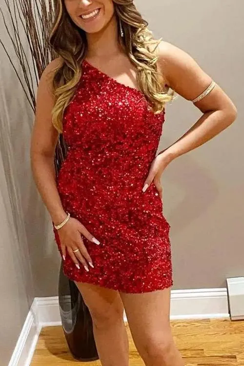 Sequin One Shoulder Bodycon Mini Dress