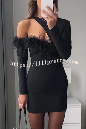 Sexy and Exquisite Feather Detail Cutout Long Sleeve Mini Dress