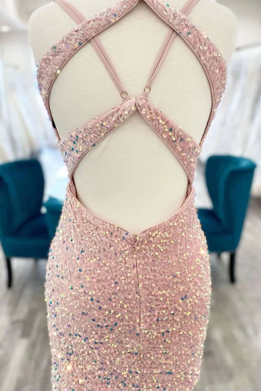 Short Tight Blush Pink Sequins Homecoming Dress