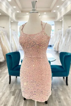 Short Tight Blush Pink Sequins Homecoming Dress