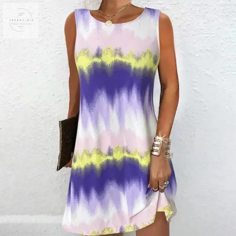 Simple Style Round Neck Edge Printed Gradient Sleeveless Zipper Pullover Vest Dress