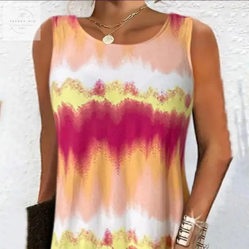 Simple Style Round Neck Edge Printed Gradient Sleeveless Zipper Pullover Vest Dress