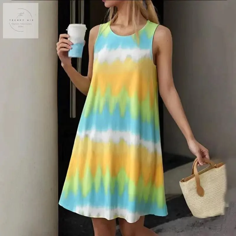 Simple Style Round Neck Edge Printed Gradient Sleeveless Zipper Pullover Vest Dress