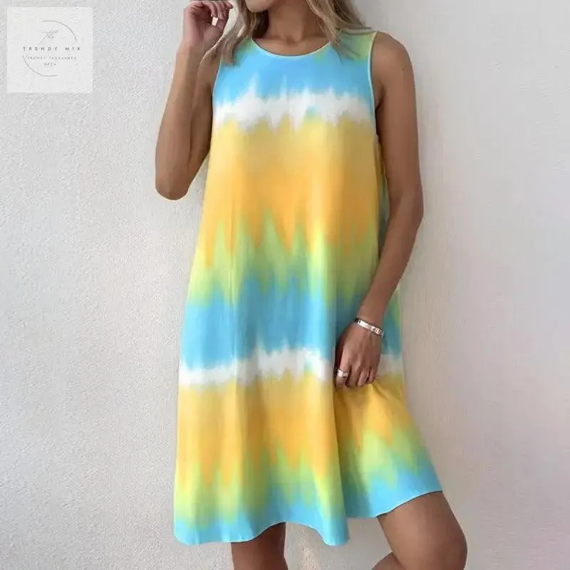 Simple Style Round Neck Edge Printed Gradient Sleeveless Zipper Pullover Vest Dress