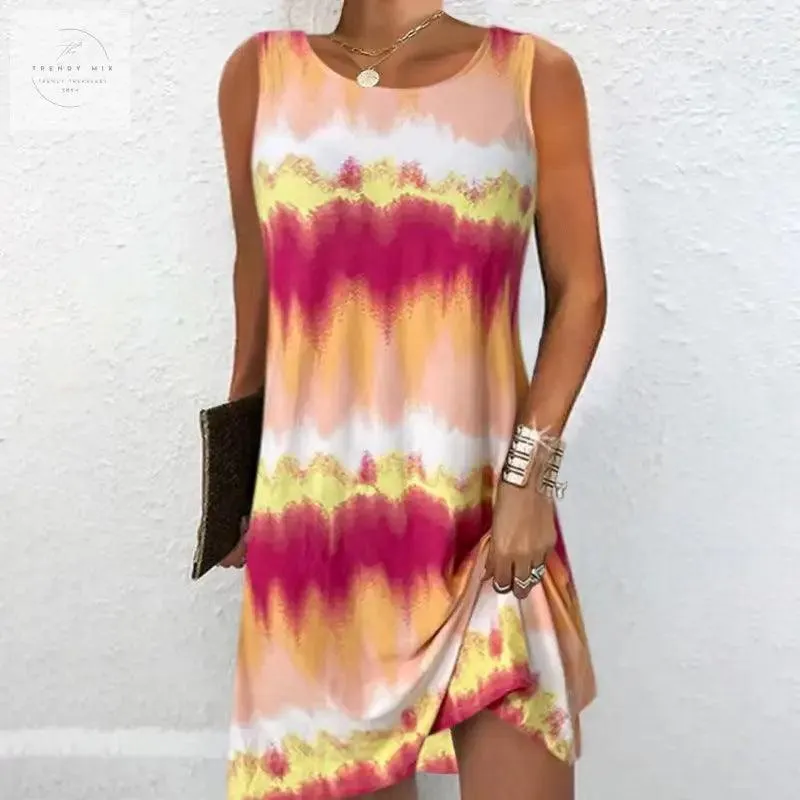 Simple Style Round Neck Edge Printed Gradient Sleeveless Zipper Pullover Vest Dress