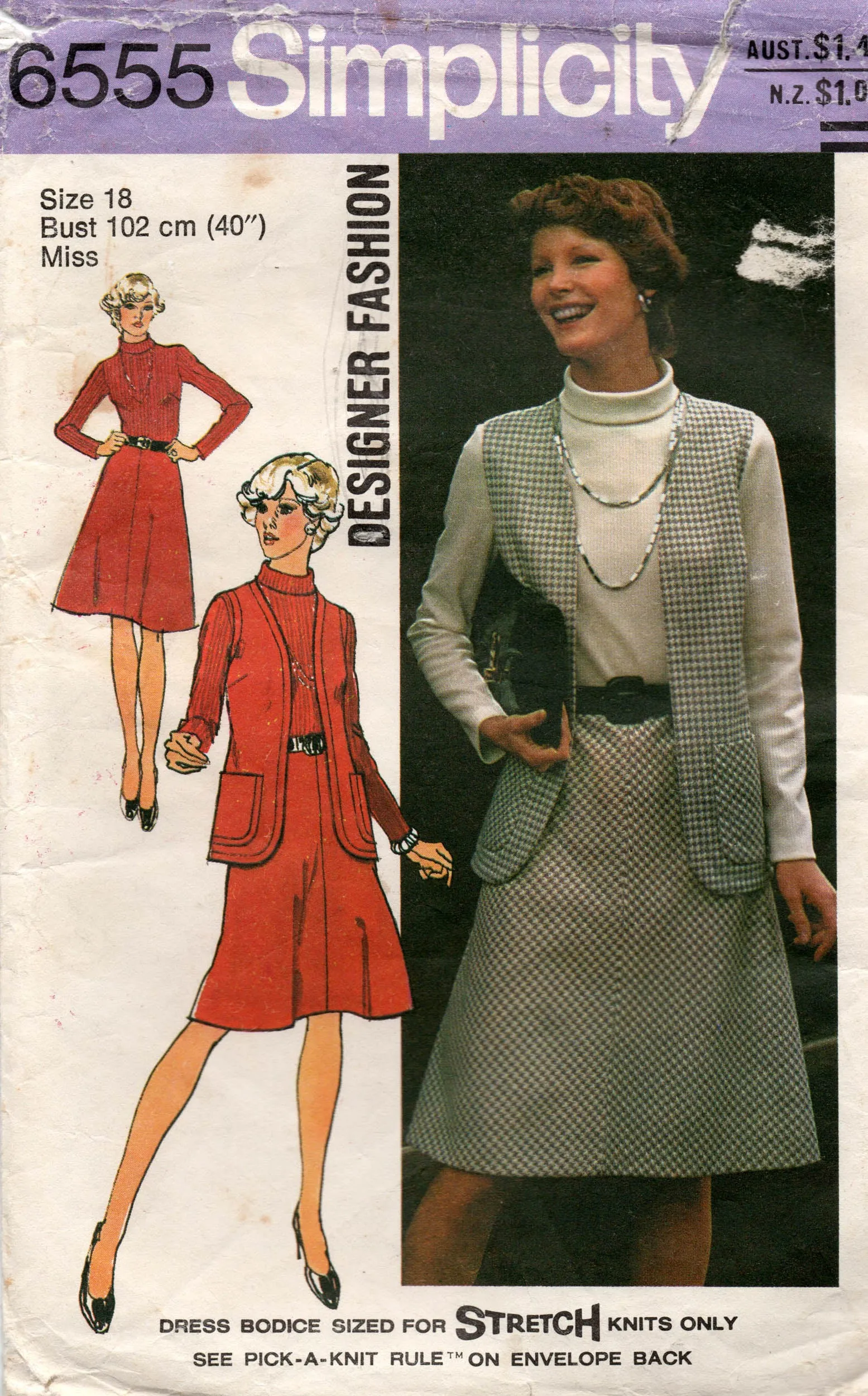 Simplicity 6555 Designer Womens Stretch Fitted Dress & Vest 1970s Vintage Sewing Pattern Size 18 Bust 40 inches