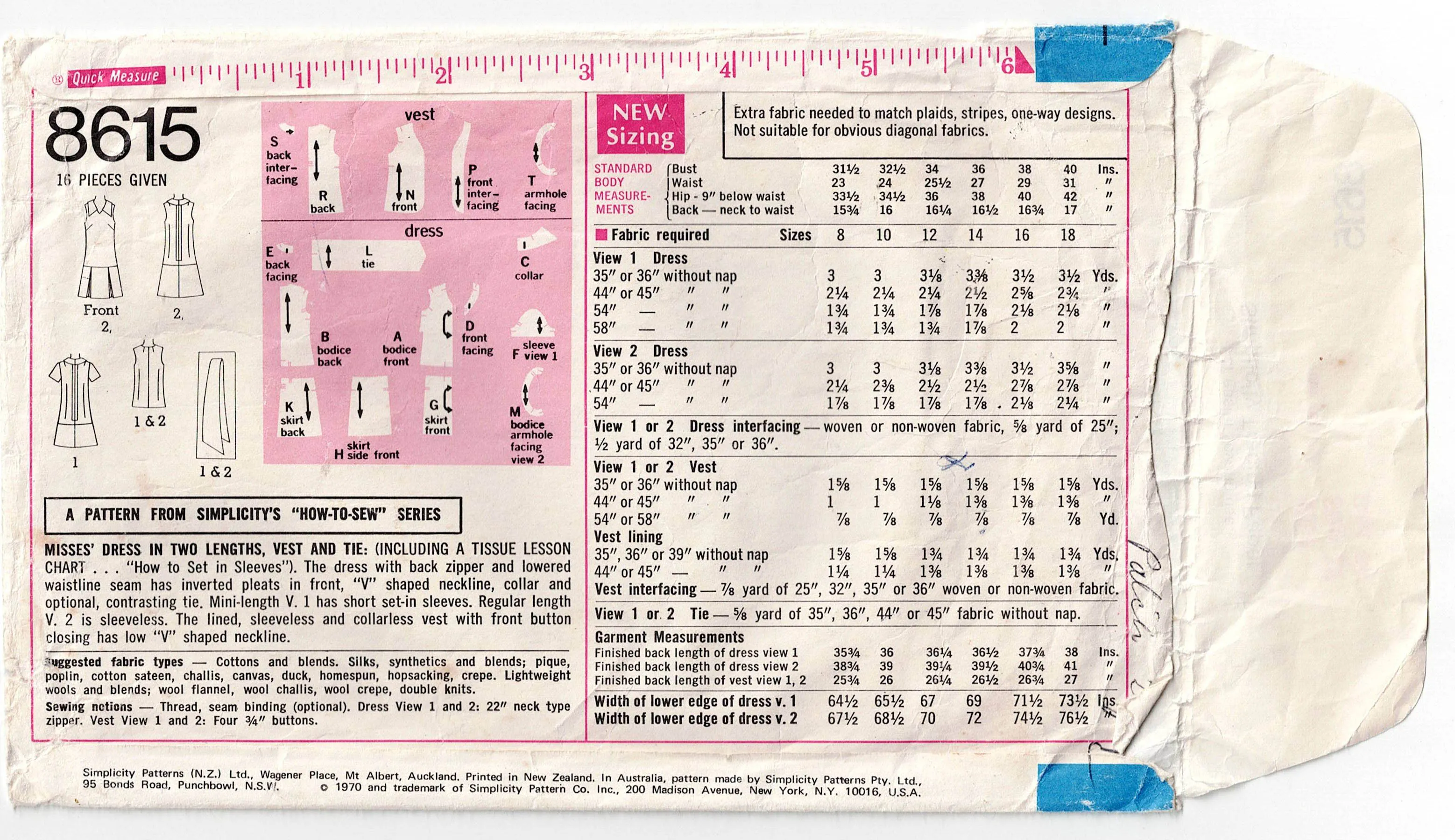 Simplicity 8615 Womens Drop Waisted Dress Vest & Tie 1970s Vintage Sewing Pattern Size 12 Bust 34 inches