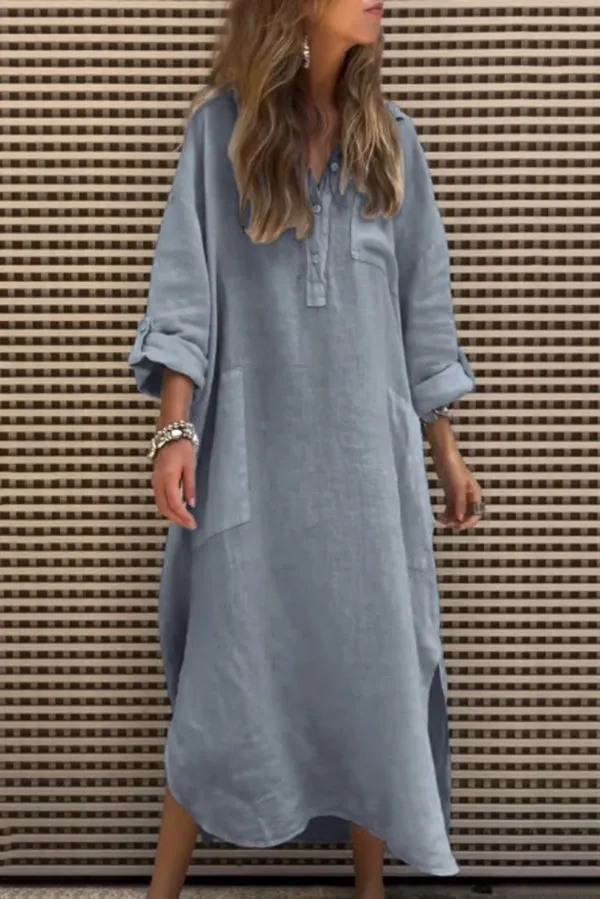 Solid Color Casual Button Pockets Irregular Hem Maxi Dress