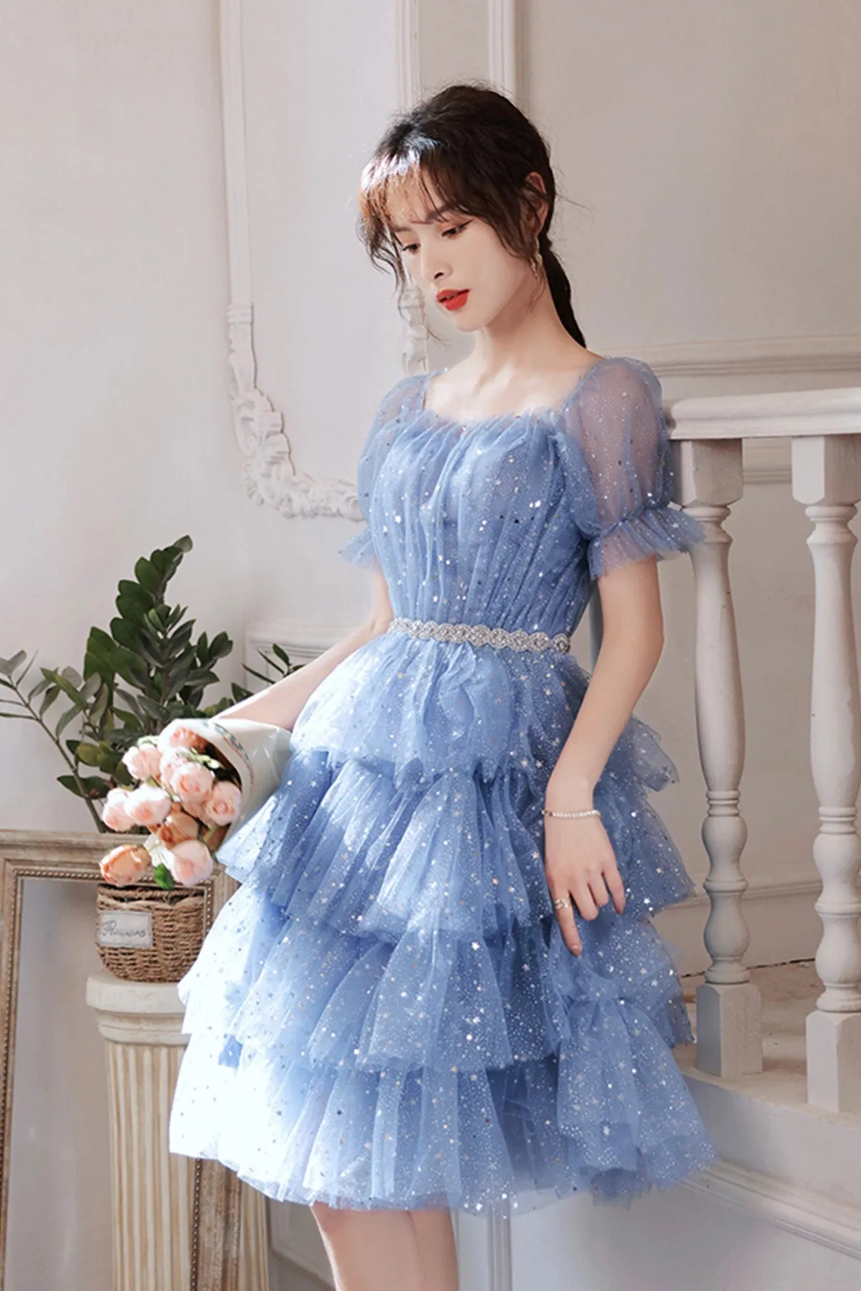 solvbao Blue Tulle Short A-Line Prom Dresses, Blue Mini Party Dresses