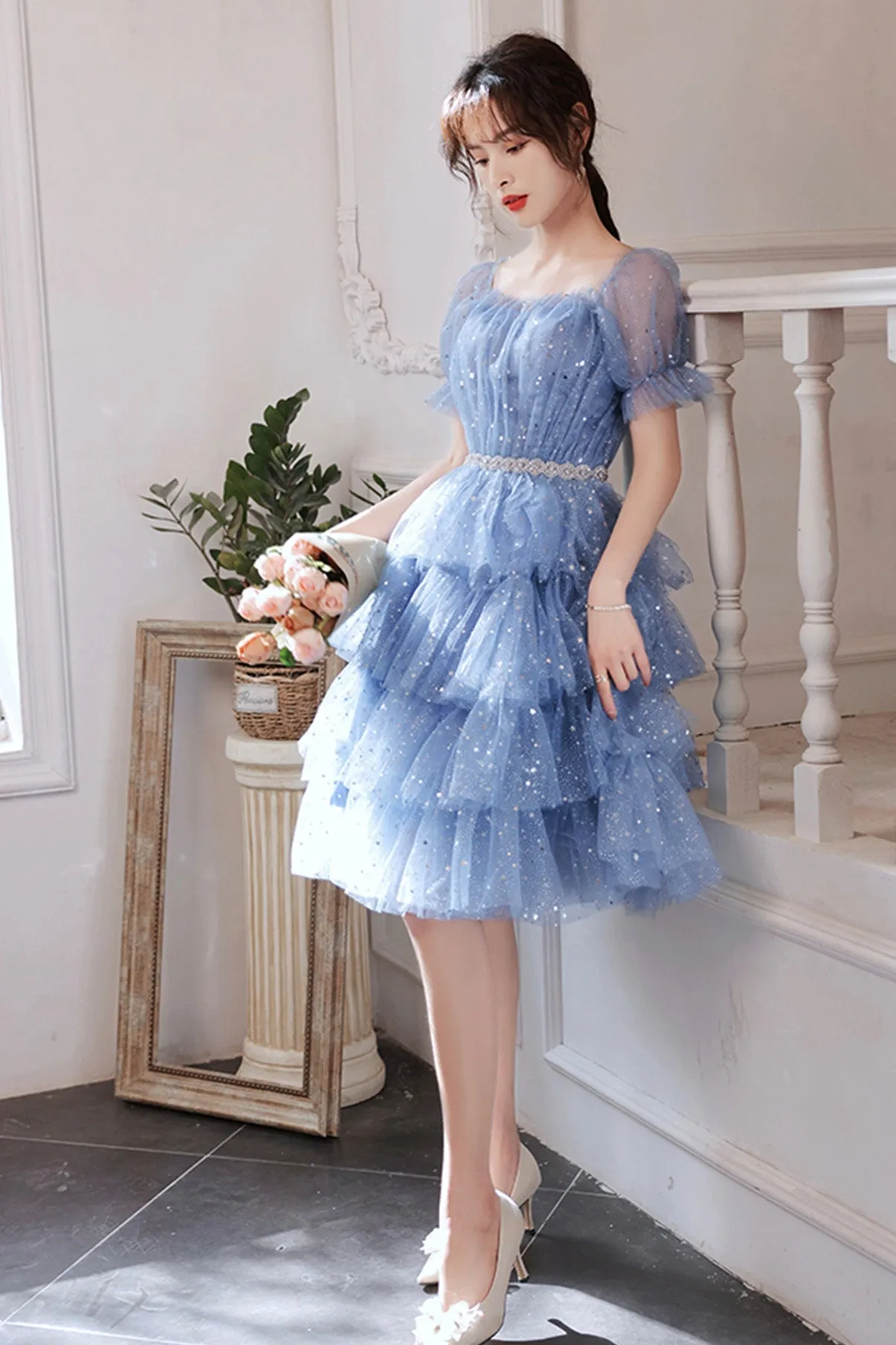 solvbao Blue Tulle Short A-Line Prom Dresses, Blue Mini Party Dresses