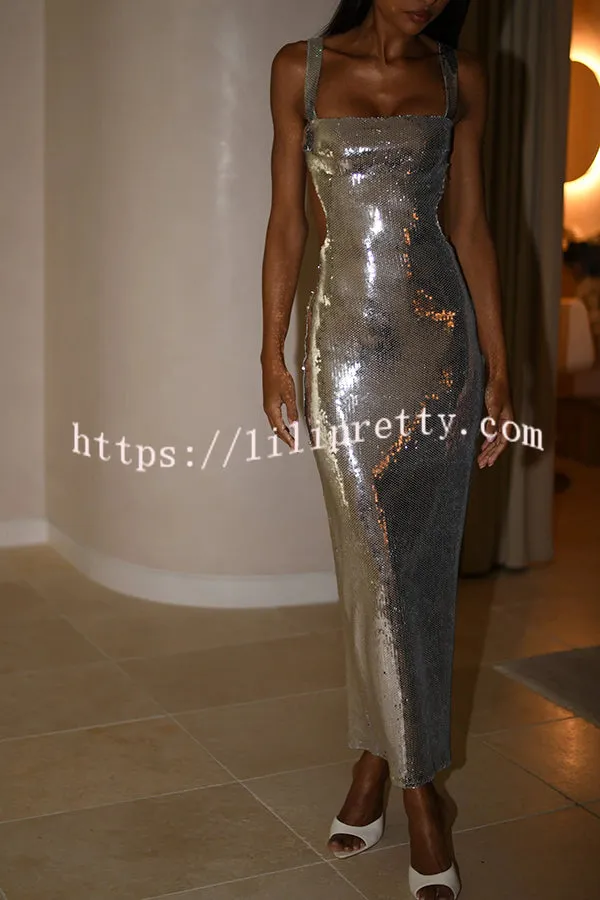 Spakle and Elegant Sequin Cut Out Open Back Maxi Dress