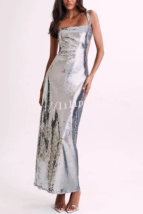 Spakle and Elegant Sequin Cut Out Open Back Maxi Dress