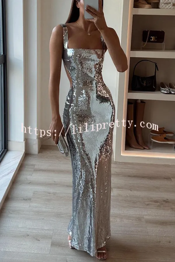 Spakle and Elegant Sequin Cut Out Open Back Maxi Dress