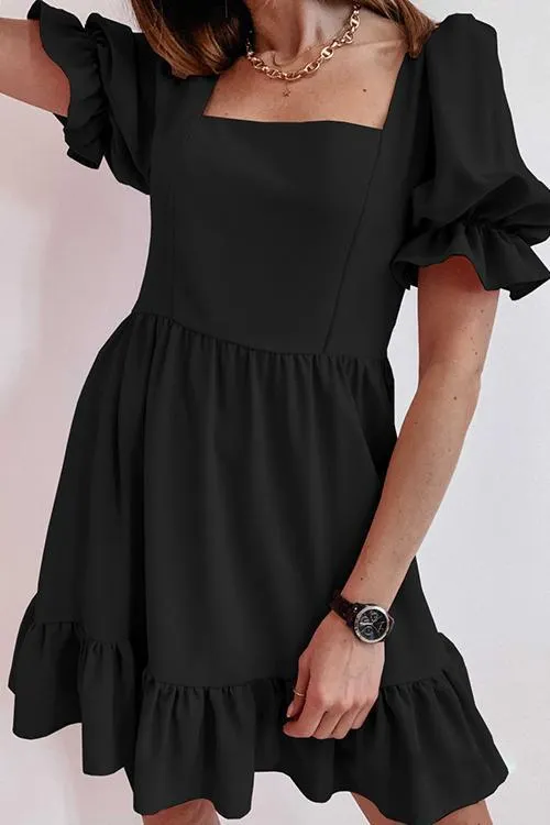 Square Neck Ruffels Puff Sleeve Mini Dress