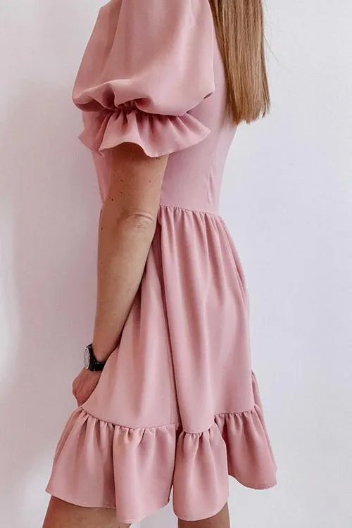 Square Neck Ruffels Puff Sleeve Mini Dress