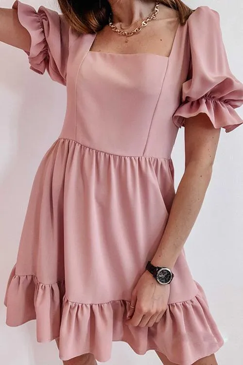 Square Neck Ruffels Puff Sleeve Mini Dress