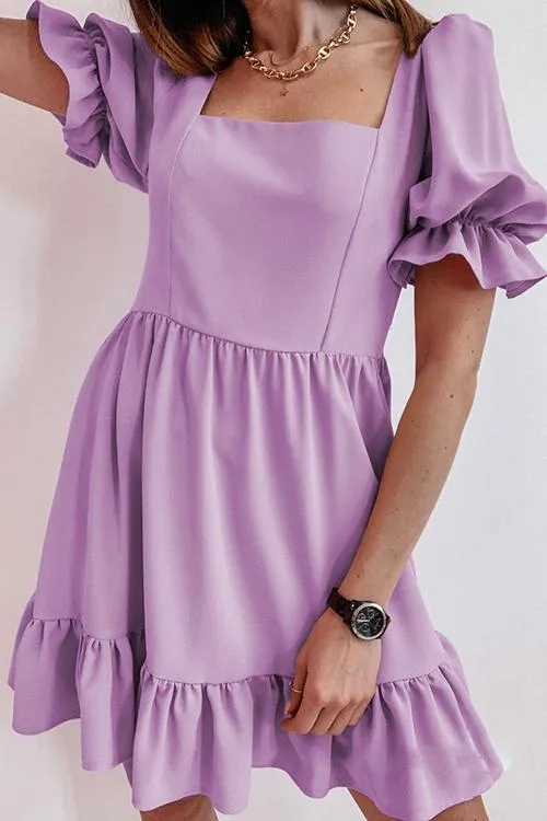 Square Neck Ruffels Puff Sleeve Mini Dress