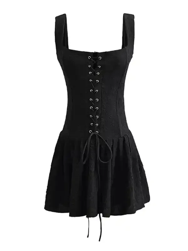 Strappy high-waisted low-cut suspender pleated embroidered short dress