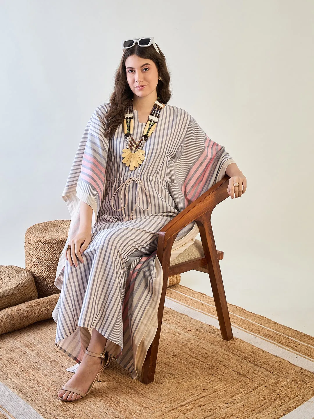 Stylish Striped Cotton Kaftan with Tassel Detail