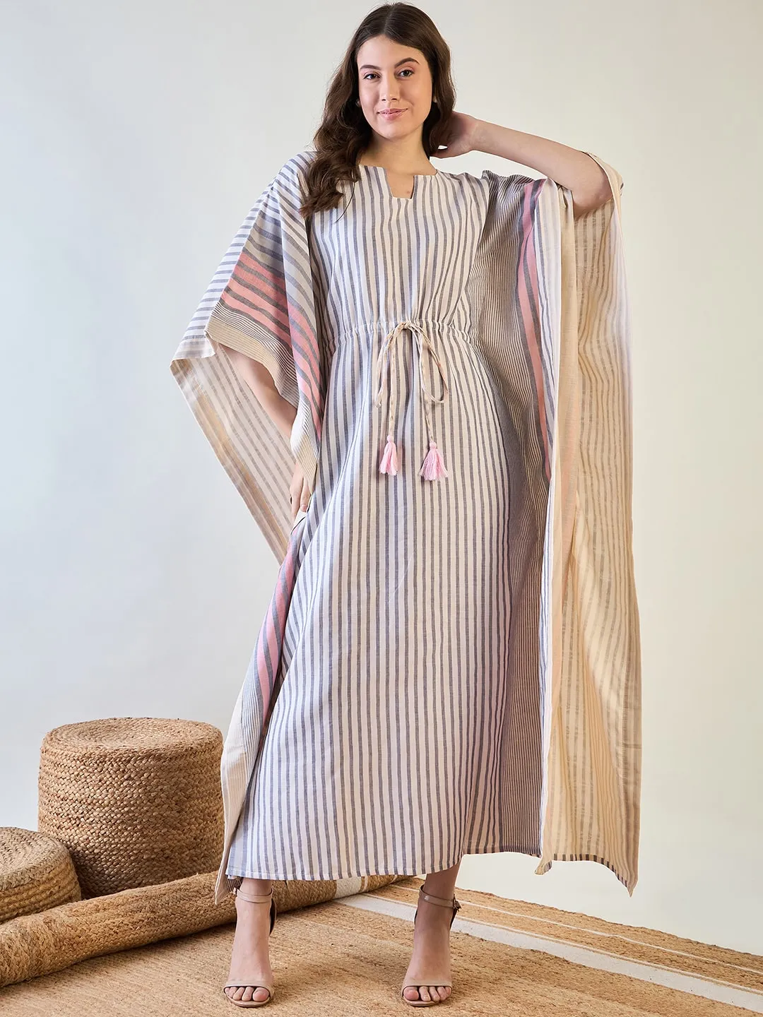 Stylish Striped Cotton Kaftan with Tassel Detail