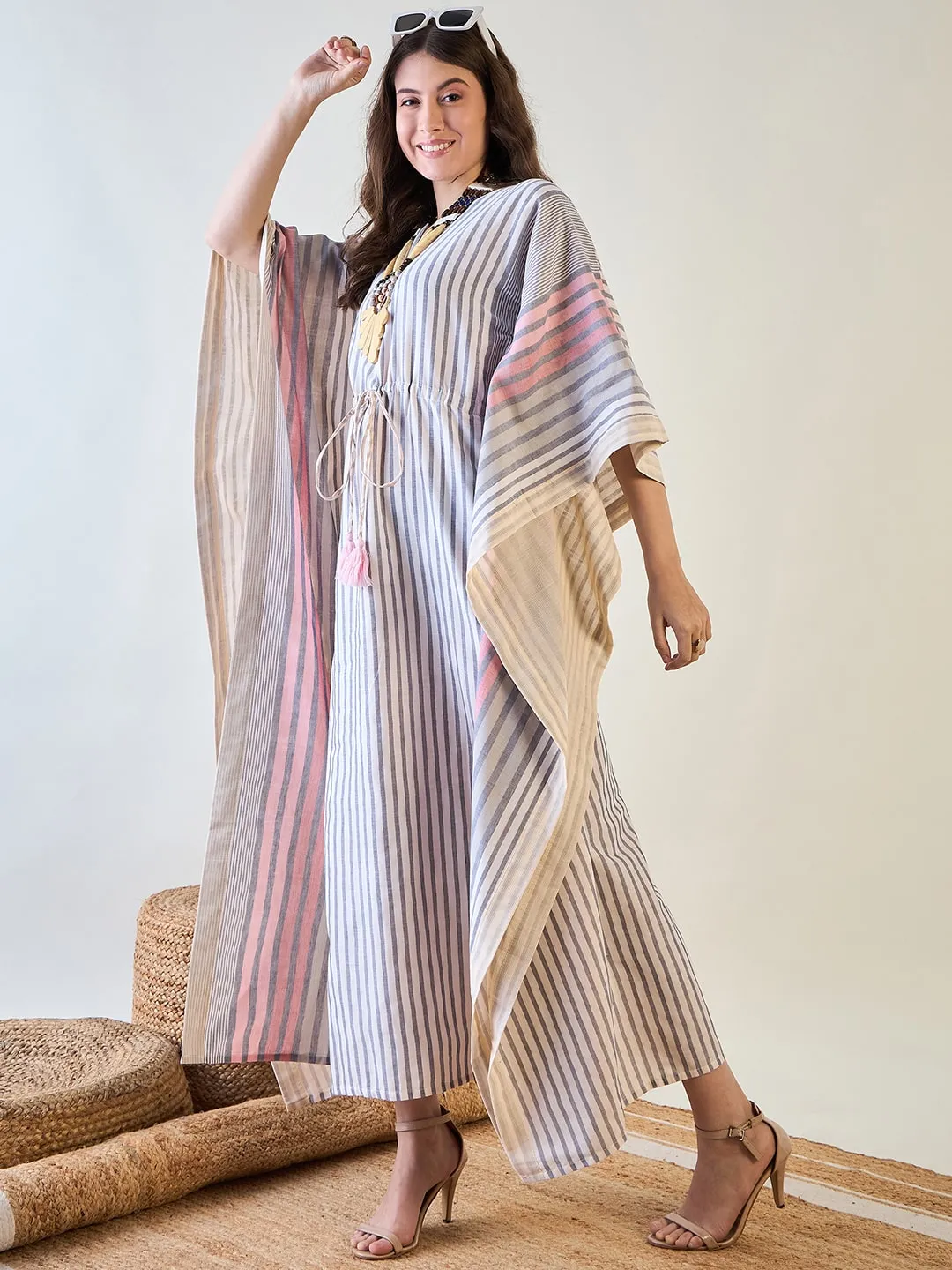 Stylish Striped Cotton Kaftan with Tassel Detail