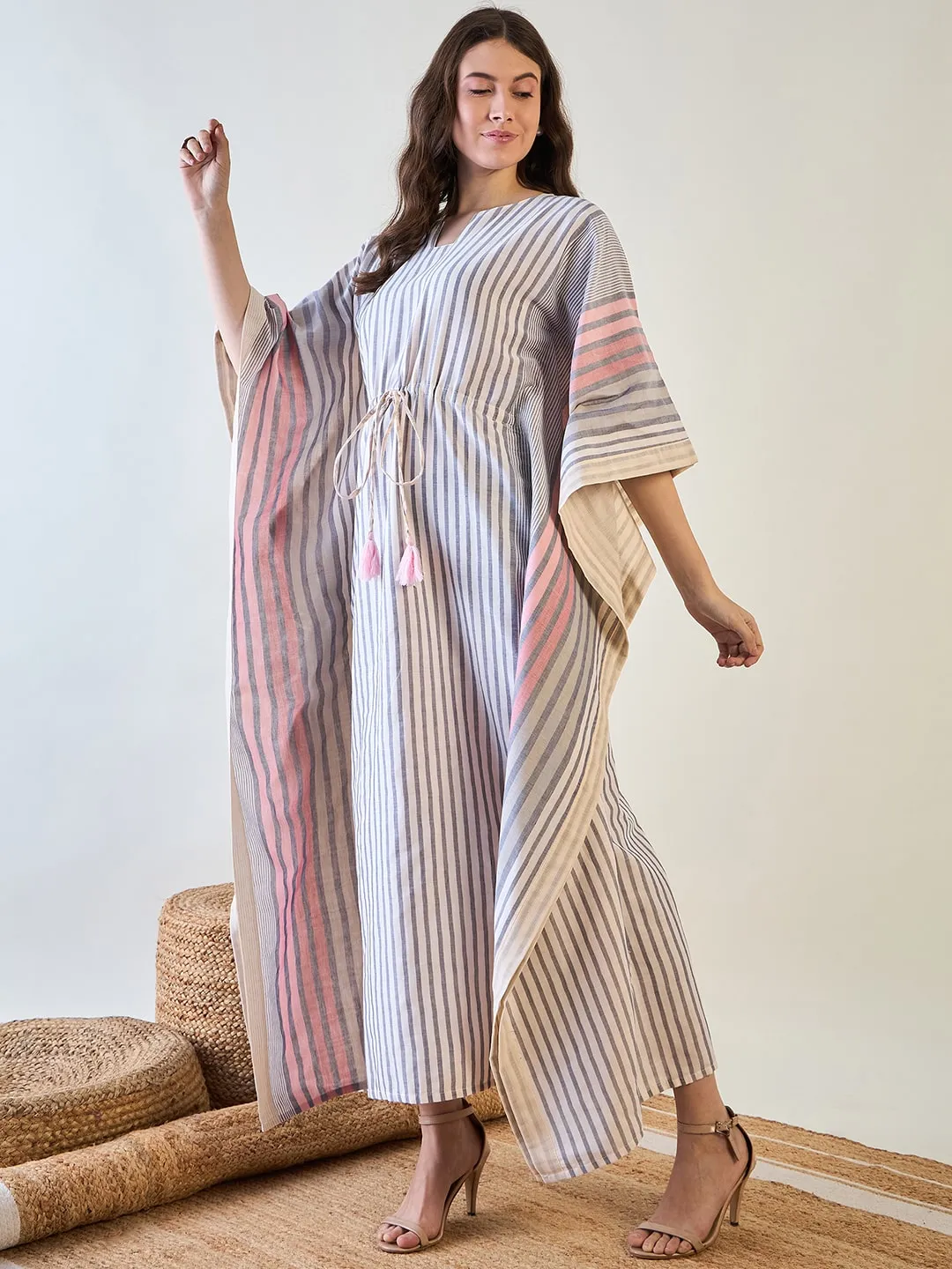 Stylish Striped Cotton Kaftan with Tassel Detail