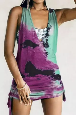 Tie Dye V Neck Drawstring Cover Mini Dress