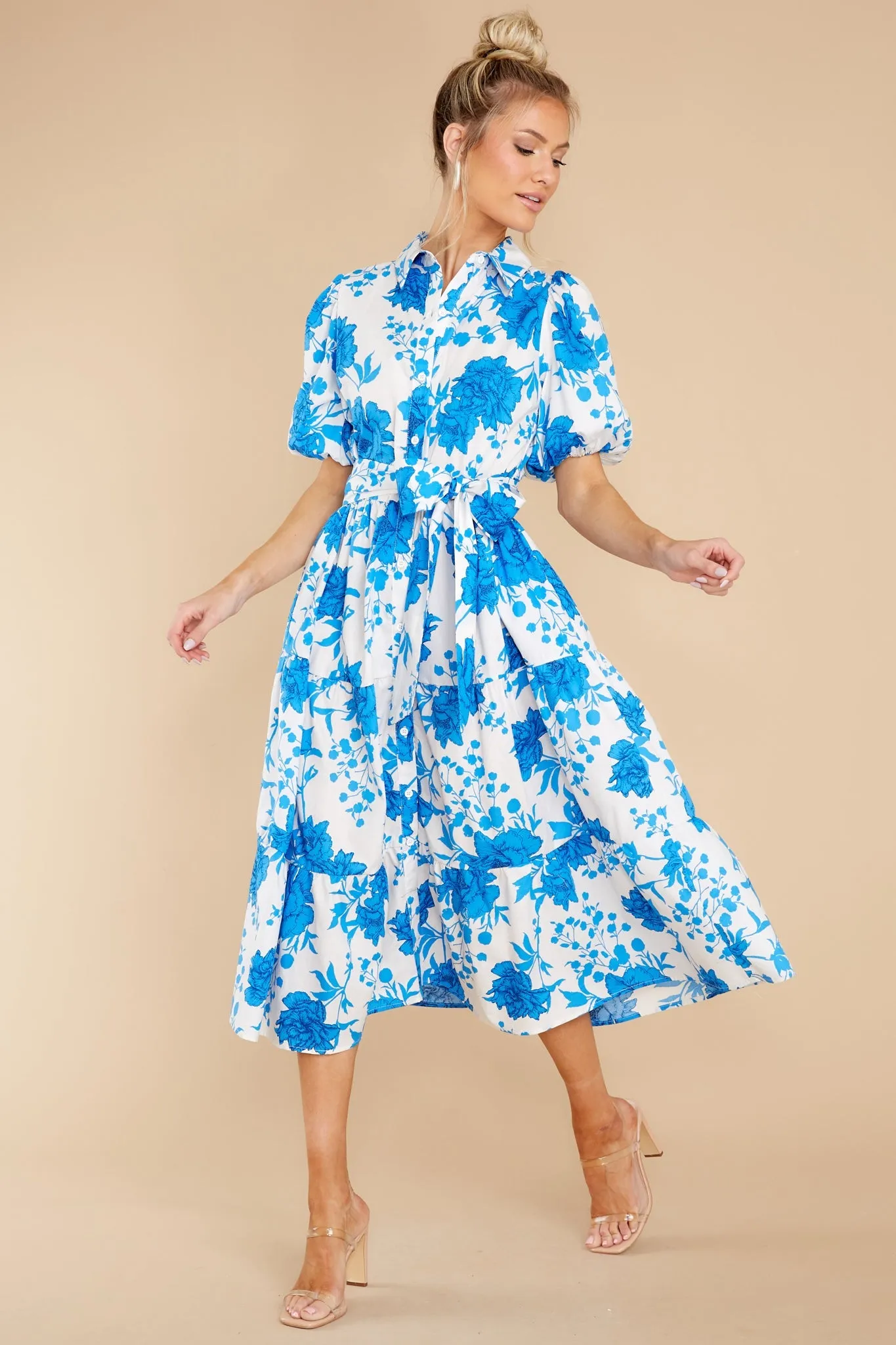 Timeless Touch White And Blue Floral Print Midi Dress