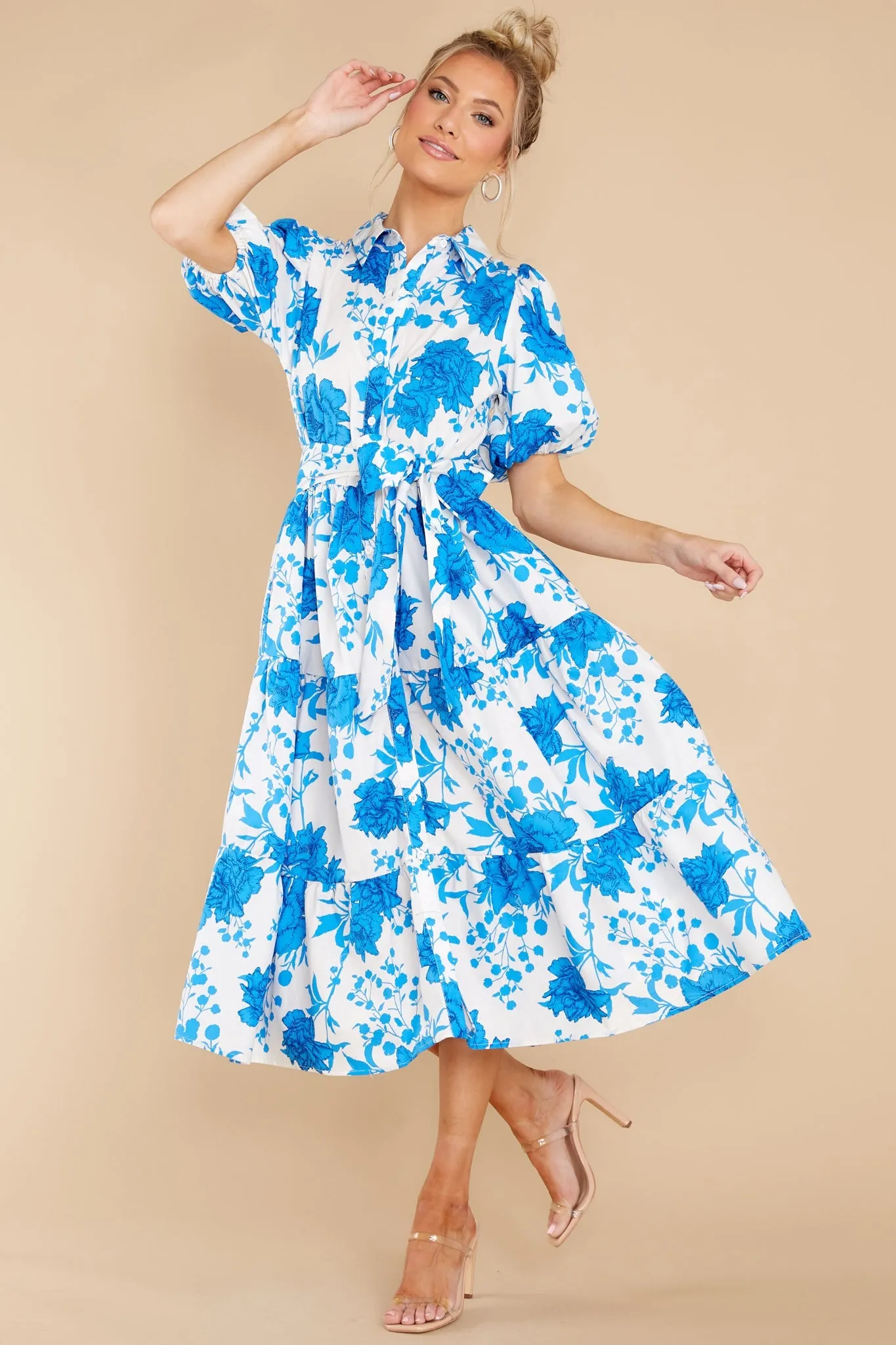 Timeless Touch White And Blue Floral Print Midi Dress